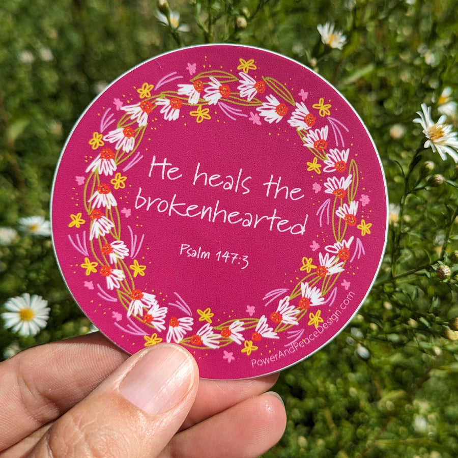 Pink and floral Scripture sticker with Psalm 147:3 