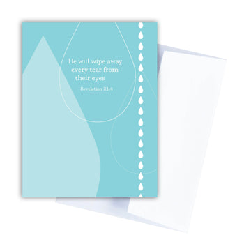 Light blue Christian sympathy card with text He will wipe away every tear from their eyes Revelation 21:4.