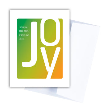 Christian adoption card with Luke 2:10. I bring you good news of great joy! Luke 2:10. Card has the large white letters spelling joy on a green, lime green, and orange ombre background.