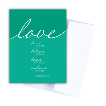 Seafoam green romantic Christian card with 1 Corinthians 13:7 Love bears all things, believes all things, hopes all things, endures all things.