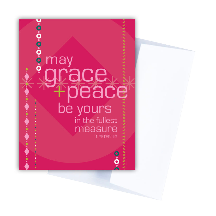 Red and pink Scripture Christmas card with 1 Peter 1:2 May grace and peace be yours in the fullest measure.