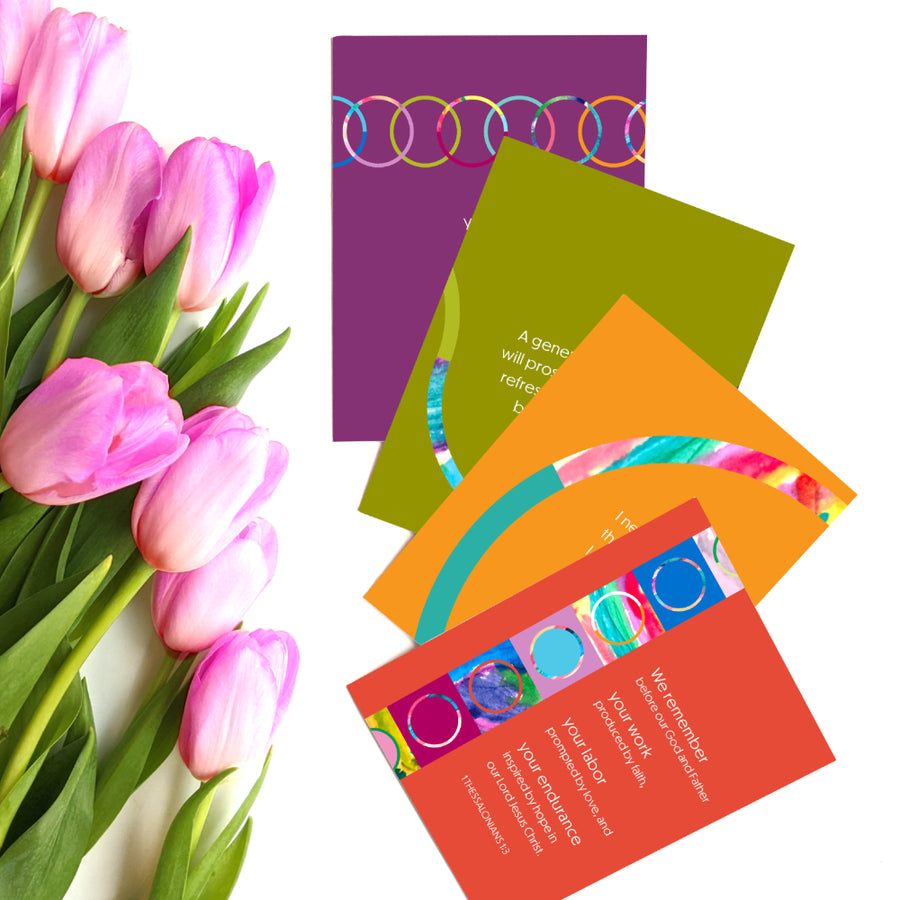 Colorful notecards for writing thank you notes. Each Christian greeting card features a different Bible verse.