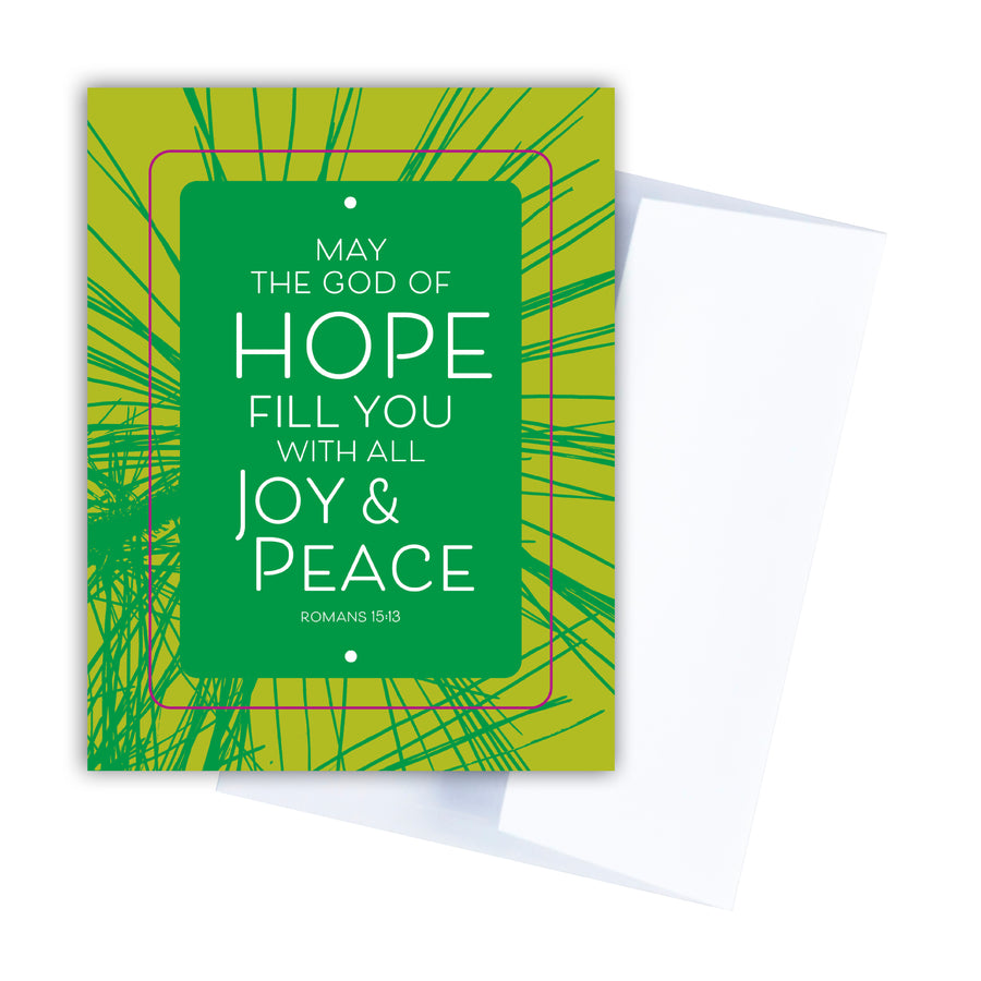 Colorful modern Bible verse Christmas card with Romans 15:13. May the God of hope fill you with all joy and peace.
