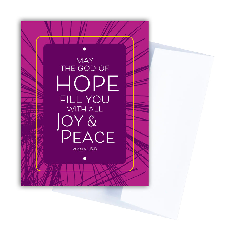 Purple birthday card with Bible verse: May the God of hope fill you with all joy & peace. Romans 15:13.