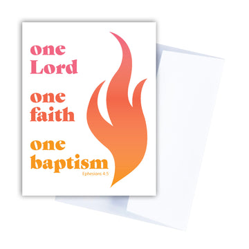 Christian greeting card celebrating baptism with Ephesians 4:5 one Lord, one faith, one baptism.