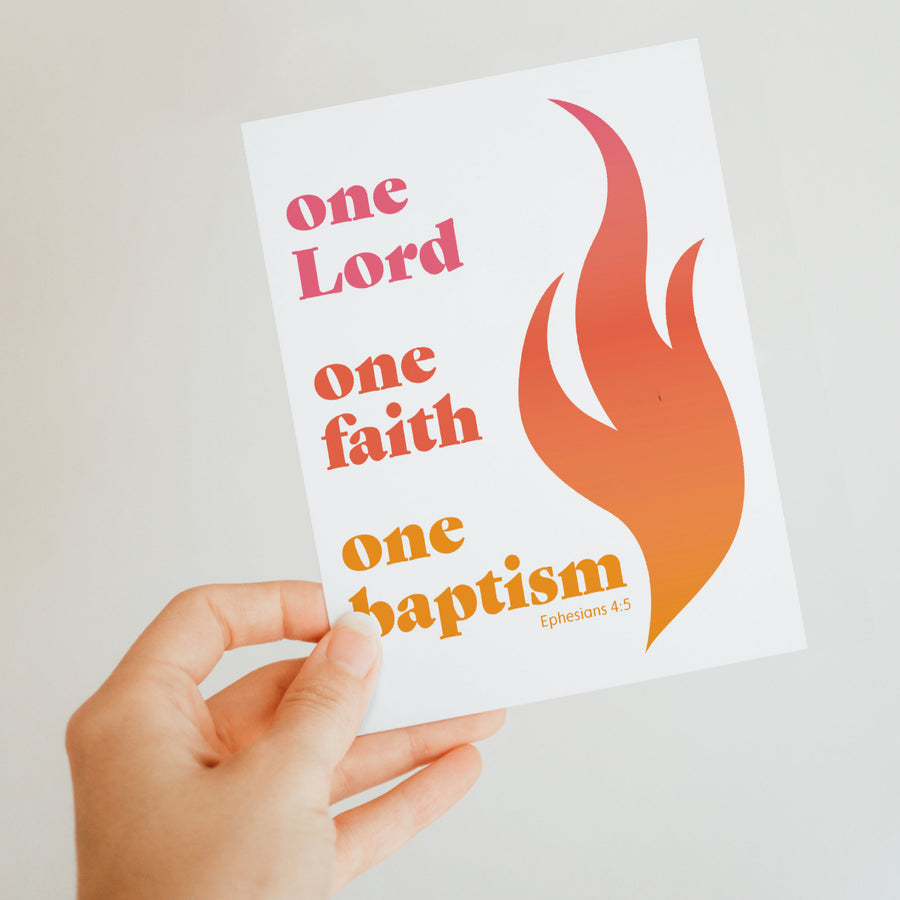 Hand holding Scripture greeting card for baptism. One Lord, one faith, one baptism. Ephesians 4:5.
