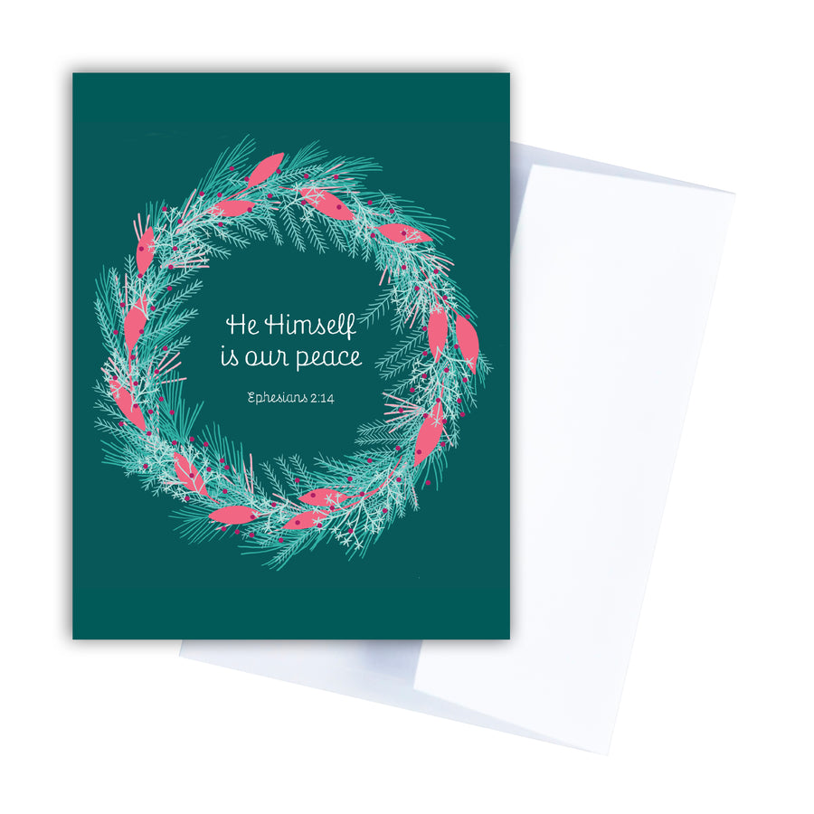 Evergreen Scripture Christmas card with a wreath circling Ephesians 2:14 He himself is our peace.