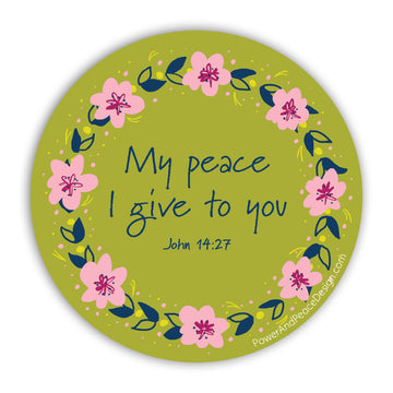 Lime green and pink vinyl sticker with John 14:27 