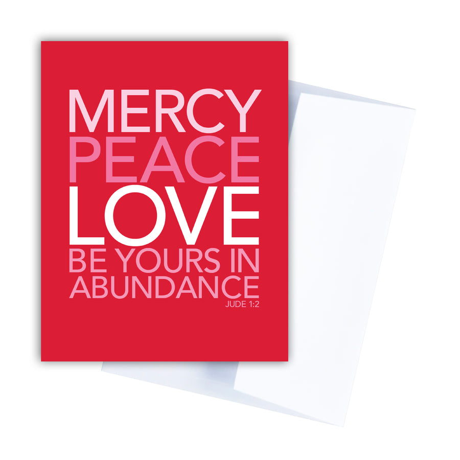 Red Scripture Christmas card with Jude 1:2 Mercy, peace, love be yours in abundance.