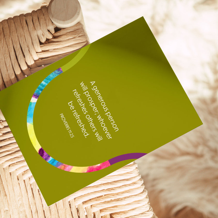 Bright and colorful Christian greeting card for Pastor Appreciation month. Card features Proverbs 11:25 A generous person will prosper; whoever refreshes others will be refreshed.