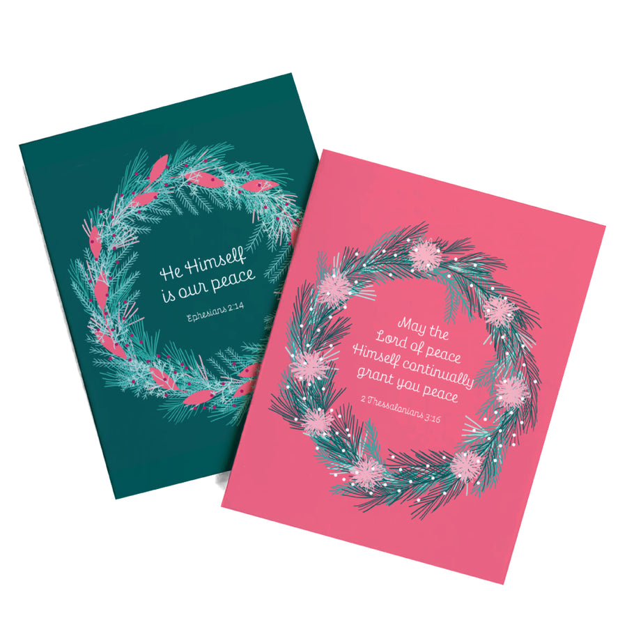 Pair of pink and green religious Christmas cards