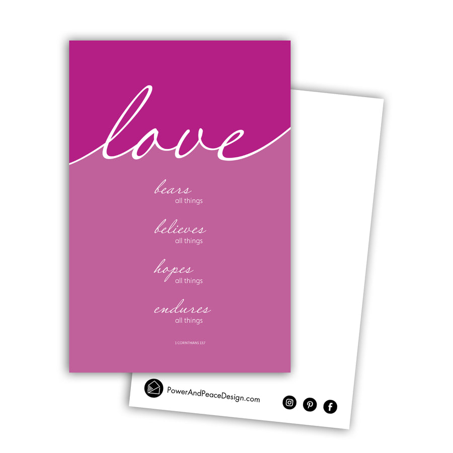 Warm purple Scripture postcard with 1 Corinthians 13:7 love bears all things, believes all things, hopes all things, endures all things.