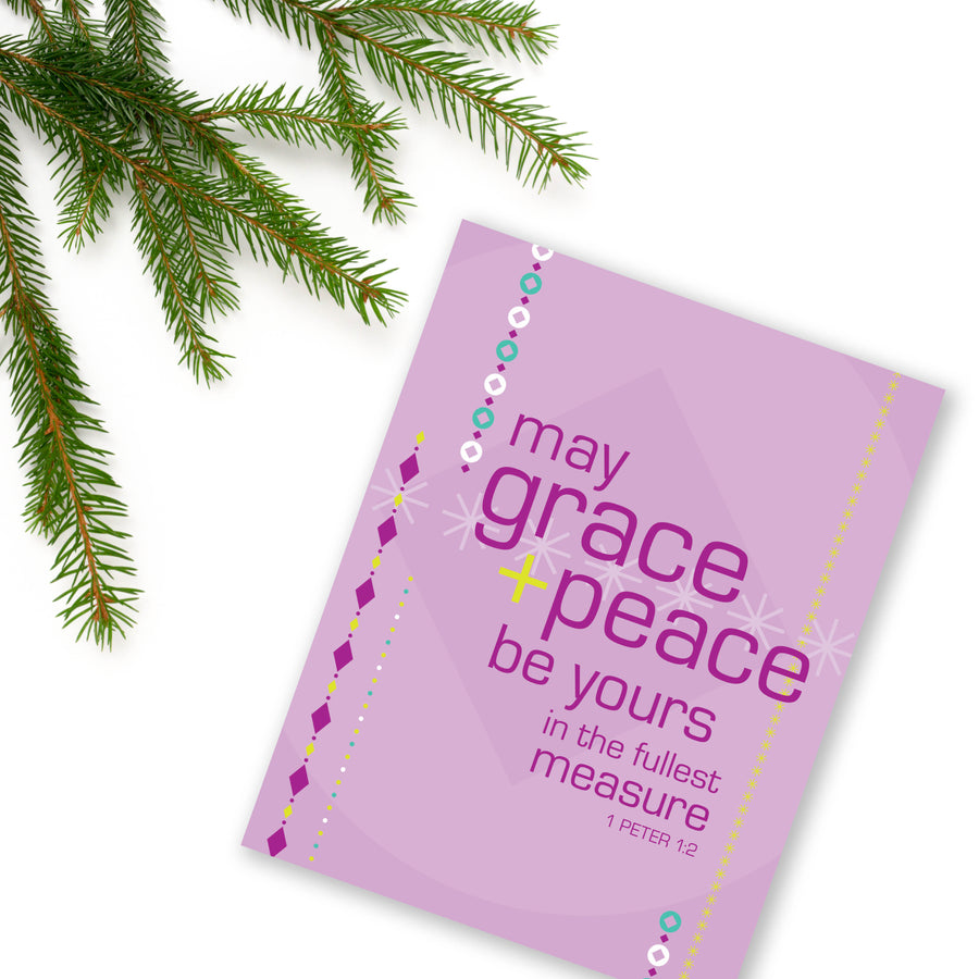 Purple religious Christmas card with 1 Peter 1:2. May grace and peace be yours in the fullest measure.