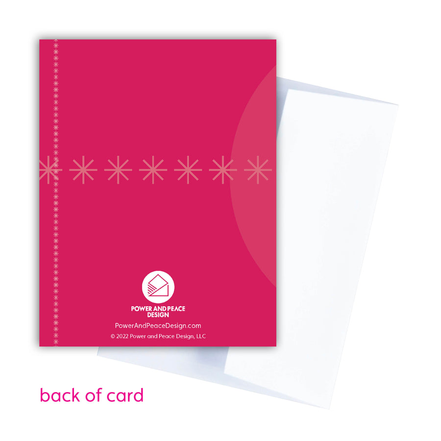 Back of berry red Scripture Christmas card. Power and Peace Design logo centered.
