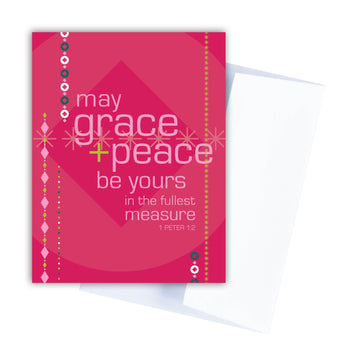 Red, green, and pink modern Christian Christmas card with 1 Peter 1:2 May grace and peace be yours in the fullest measure.