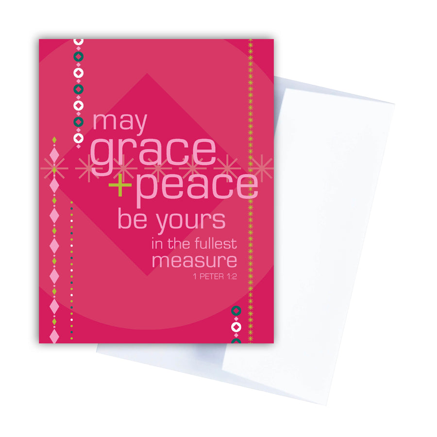Red Scripture Christmas card with geometric garland and pink text. Words are from 1 Peter 1:2 May grace and peace be yours in the fullest measure. 