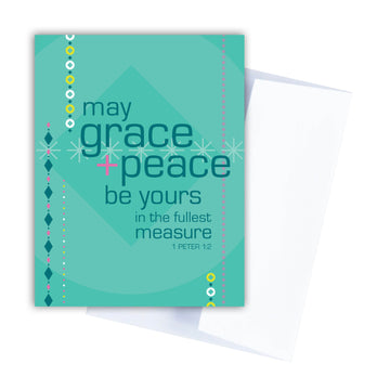 1 Peter 1:2 seafoam green religious Christmas card. Text reads May grace and peace be yours in the fullest measure.