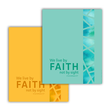 Two pieces of Bible verse art overlapped. They are the same design but different colors. Text in the bottom left reads We live by faith not by sight. 2 Corinthians 5:7. Running vertical along the right hand side is a band of watercolor separated by thin strips of solid color like modern stained glass. Top piece of art is seafoam green. Background piece of art is mustard yellow.