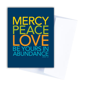 Blue Bible verse notecard with Jude 1:2 mercy, peace, love be yours in abundance.