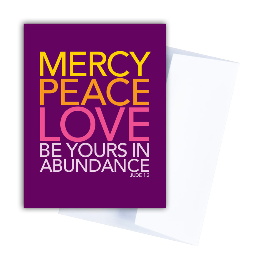 Purple Bible verse notecard and white envelope. Text is in yellow, orange, pink, and lavender and reads Mercy, peace, love be yours in abundance. Jude 1:2.