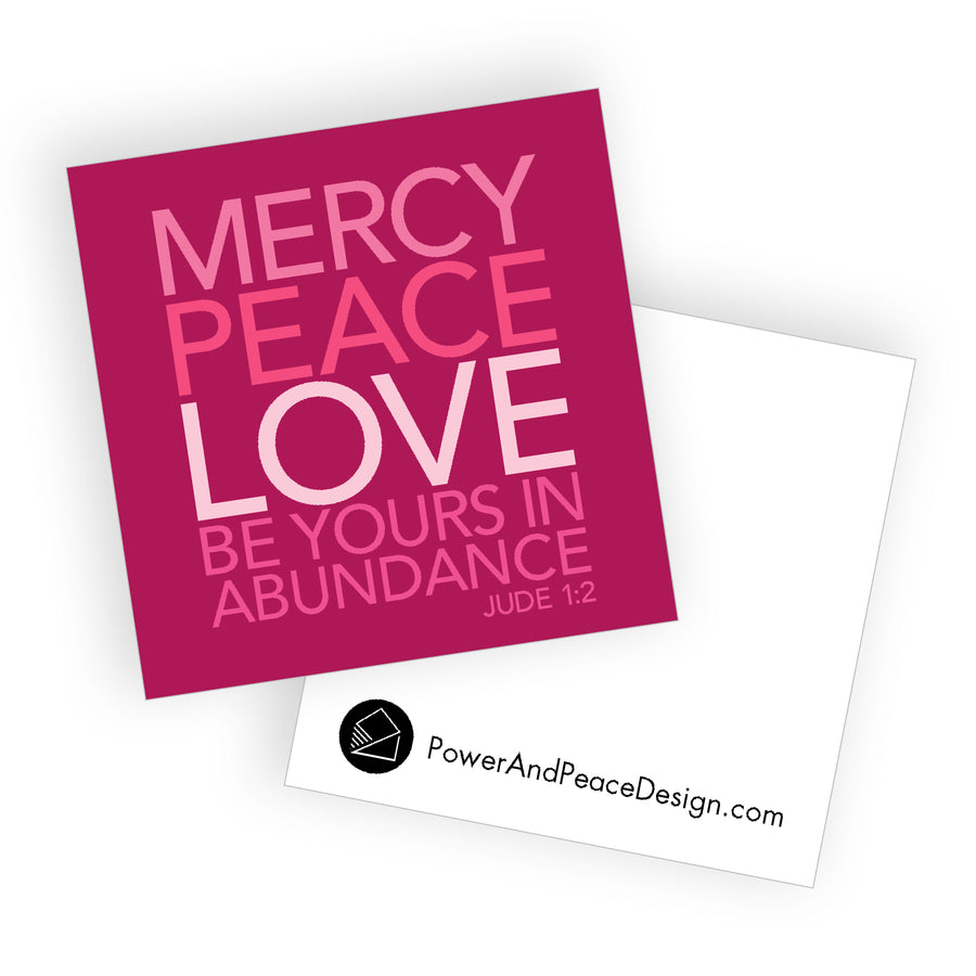 Pink Christian valentine card with Jude 1:2 verse Mercy, peace, love be yours in abundance.