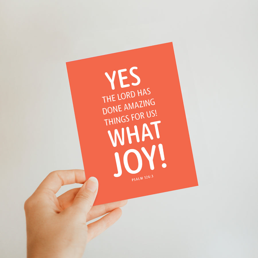 Coral Christian wedding greeting card with Psalm 126:3. Yes, the Lord has done amazing things for us! What joy! Psalm 126:3.