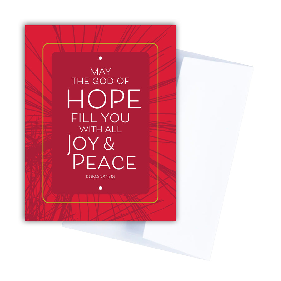 Red religious Christmas card with Romans 15:13 May the God of hope fill you with all joy & peace.