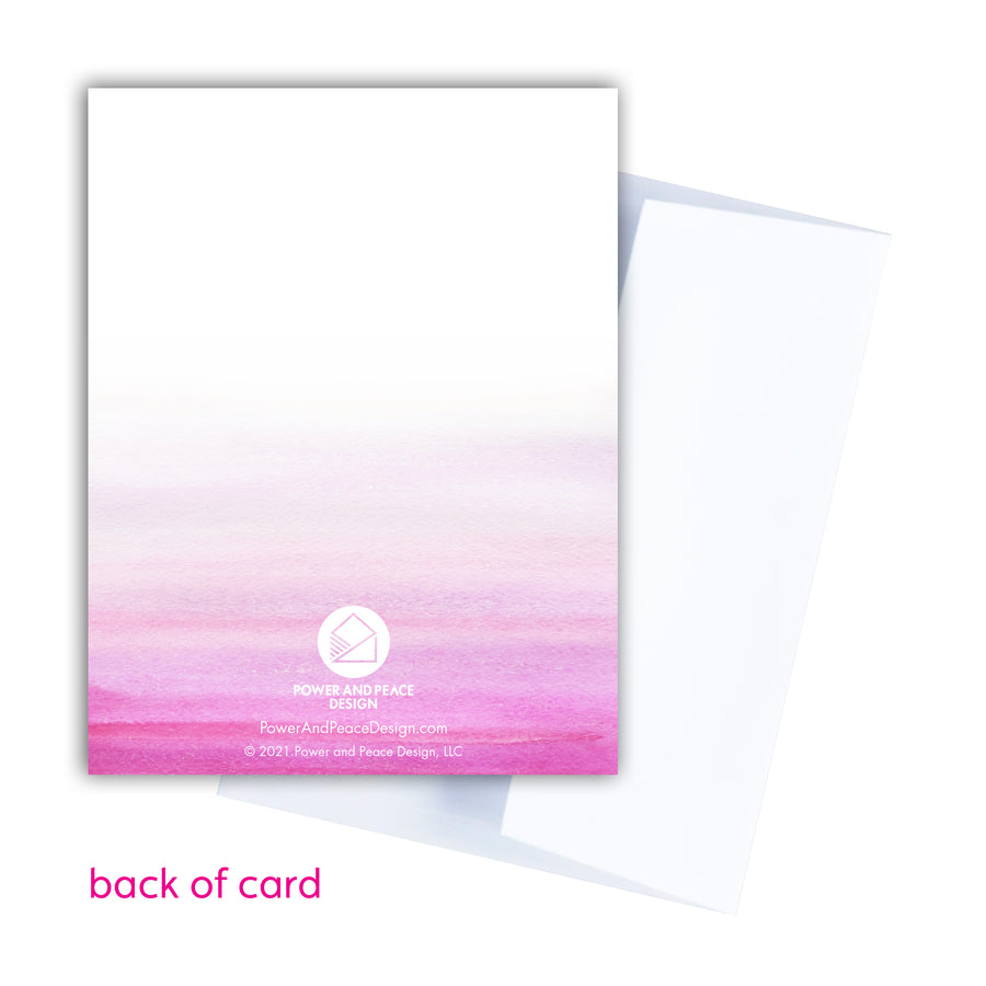 Back of pink Exodus 14:14 Scripture greeting card by Power and Peace Design. Blank white envelope angled behind the card.