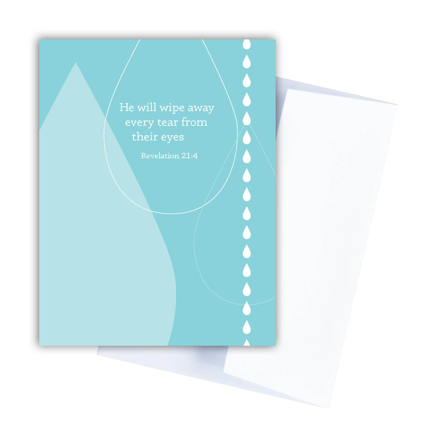 Soft blue Bible verse sympathy card. He will wipe away every tear from their eyes. Revelation 21:4.