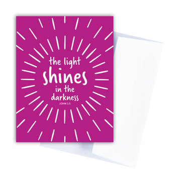 Fuchsia Christian friendship card with John 1:5 the light shines in the darkness.