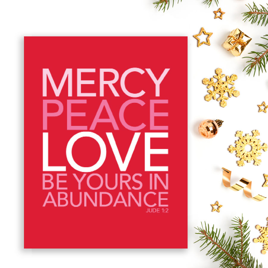 Red Bible verse Christmas card with Jude 1:2 mercy, peace, love be yours in abundance.
