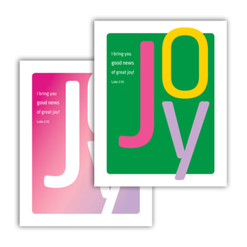Two pieces of overlapping Scripture are featuring large letters spelling JOY. Smaller white text reads I bring you good news of great joy! Luke 2:10. Art in front has a kelly green background. J is magenta. O is yellow. Y is lavender. Artwork in the back has a magenta, pink, and lavender ombre. JOY letters are white.