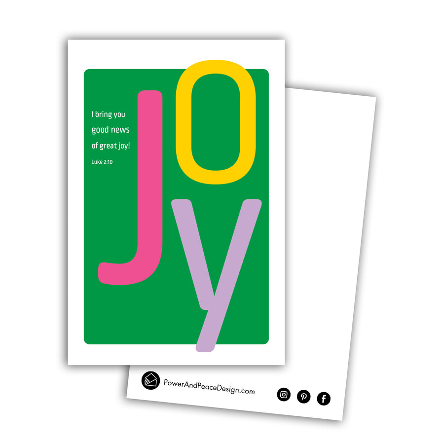 Bible verse postcard with kelly green background and white text reading I bring you good news of great joy! Luke 2:10. Oversize letters in magenta, yellow, and lavender spell out the word 
