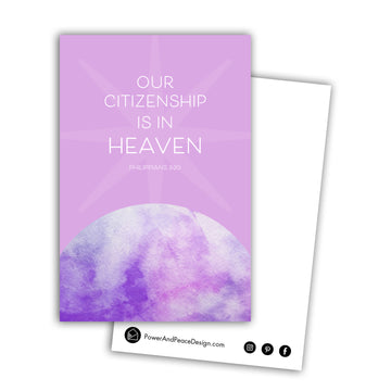 White text centered over a star shape on a lavender background reads Our citizenship is in heaven Philippians 3:20. Below the text is a curved shape filled with watercolor texture in purple and lavender. Back of postcard is white with black Power and Peace Design logo.