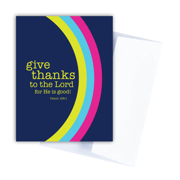 Colorful modern Christian birthday card in navy blue, yellow, sky blue, and pink. Card reads 