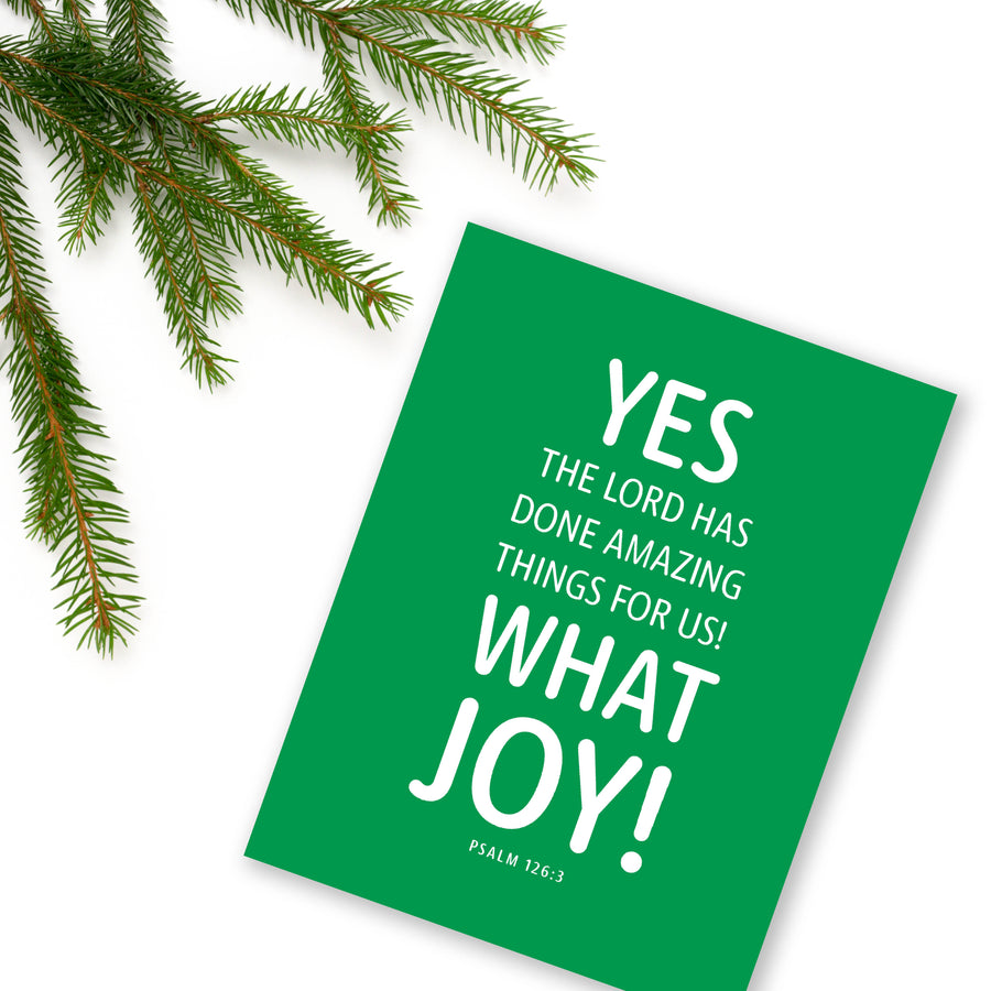 Kelly green religious Christmas card with Psalm 126:3 Yes, the Lord has done amazing things for us! What joy!