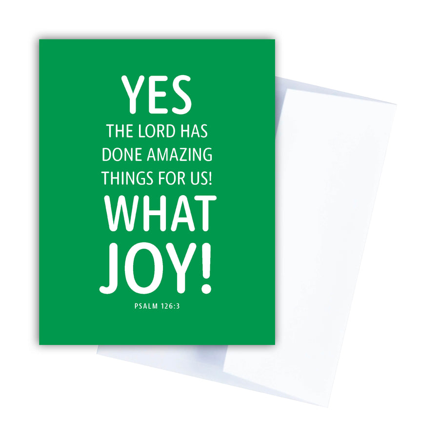 Bright green Christmas card with Psalm 126:3 Yes, the Lord has done amazing things for us! What joy!