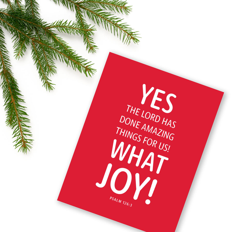 Red Christian Christmas card with Psalm 126:3 Yes, the Lord has done amazing things for us! What joy!