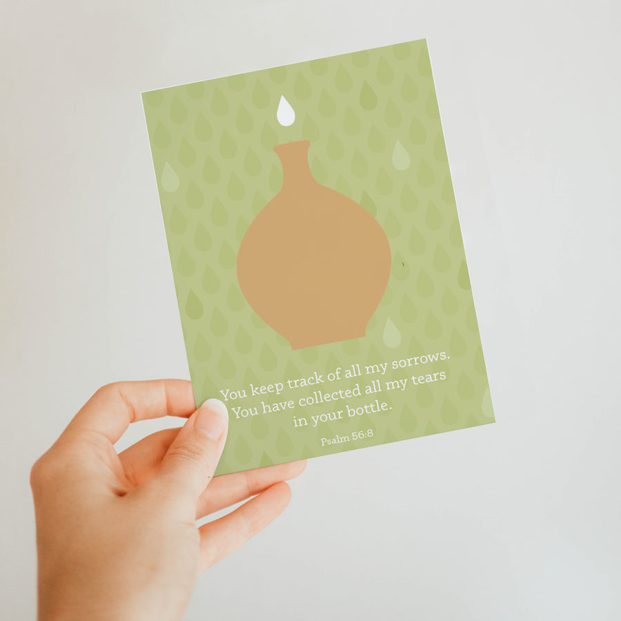 Soft green Christian sympathy card with Psalm 56:8 You keep track of all my sorrows. You have collected all my tears in your bottle.