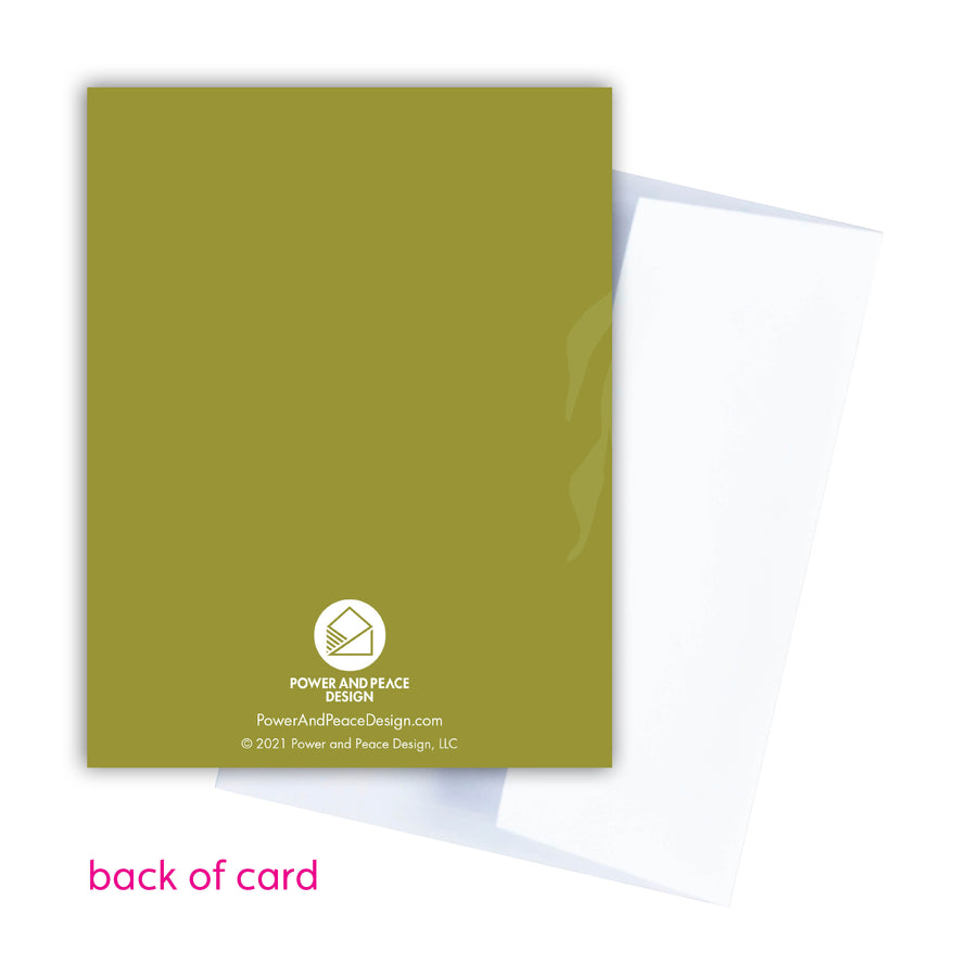 Back of olive green Christian greeting card.