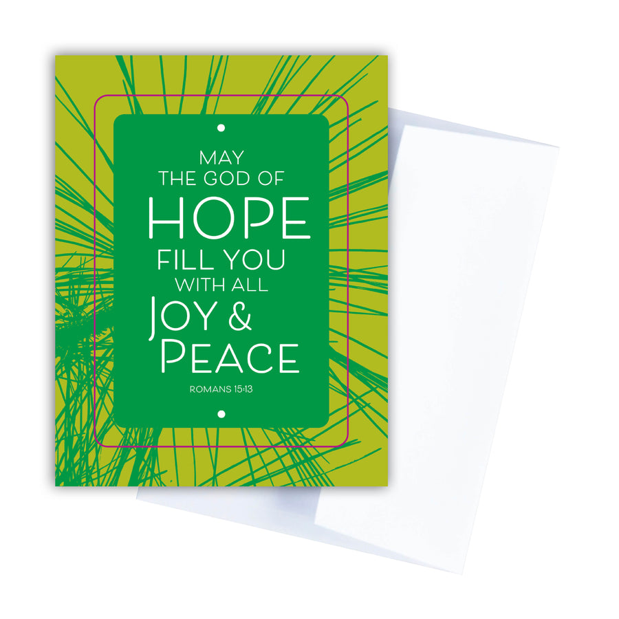 Lime green and kelly green Christmas card with Romans 15:13 Bible verse blessing. May the God of hope fill you with all joy & peace.