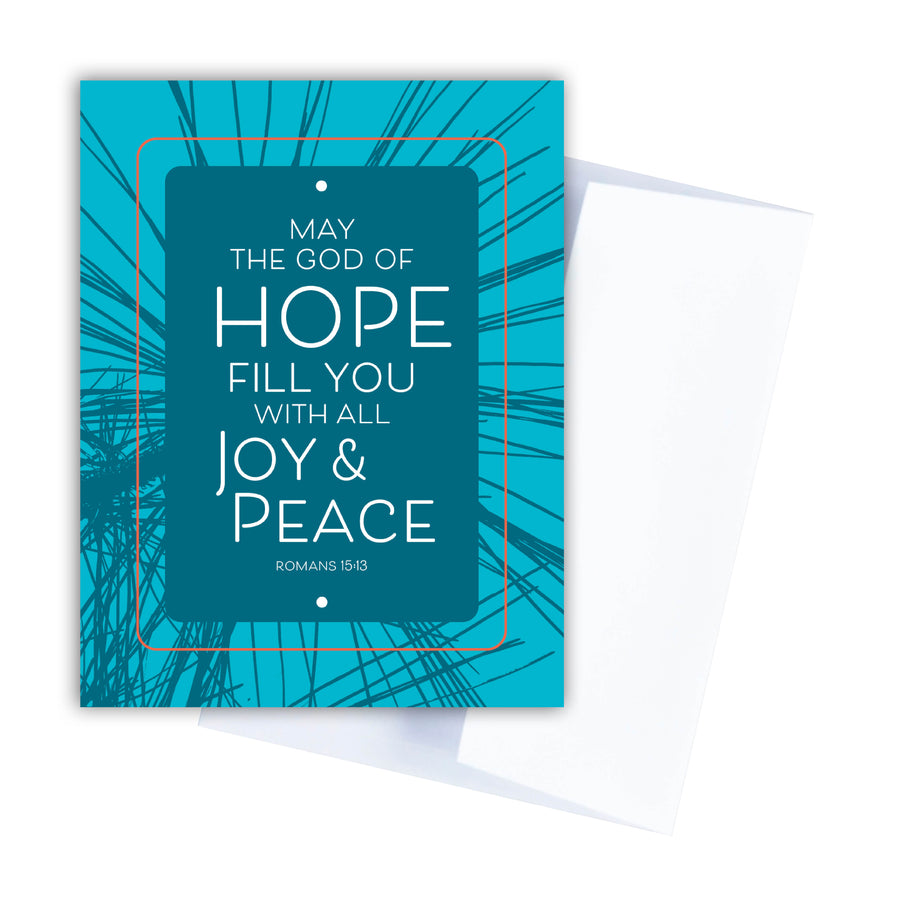 Teal Romans 15:13 blessing greeting card. May the God of hope fill you with all joy & peace.