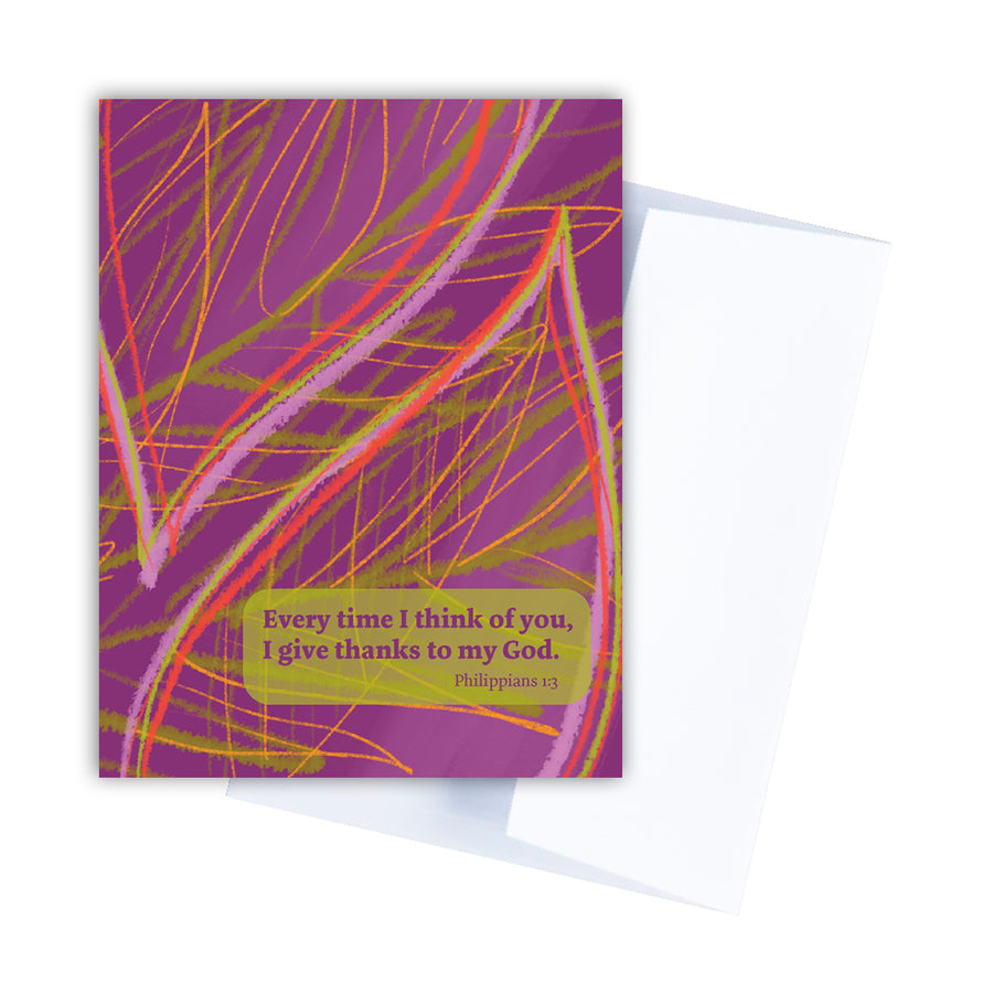 Purple friendship greeting card with Philippians 1:3: Every time I think of you, I give thanks to my God. Card is shown with a white envelope.