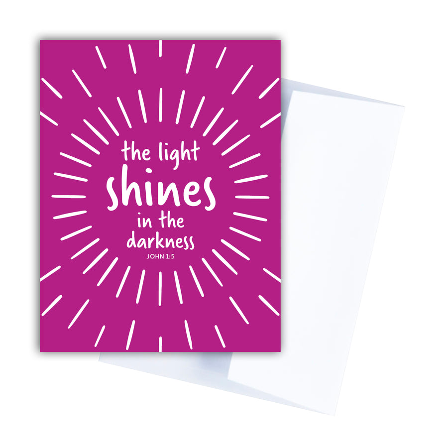 Fuchsia Scripture greeting card. White text centered in a ring of white lines reads 