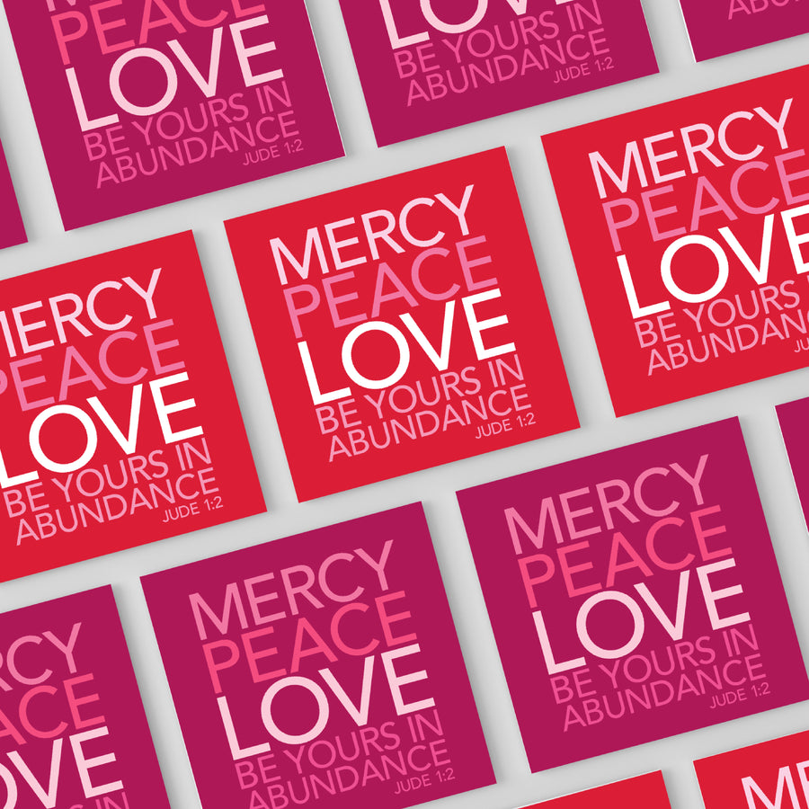 Red and pink Christian typography mini valentine cards reading Mercy, peace, love be yours in abundance. Jude 1:2.