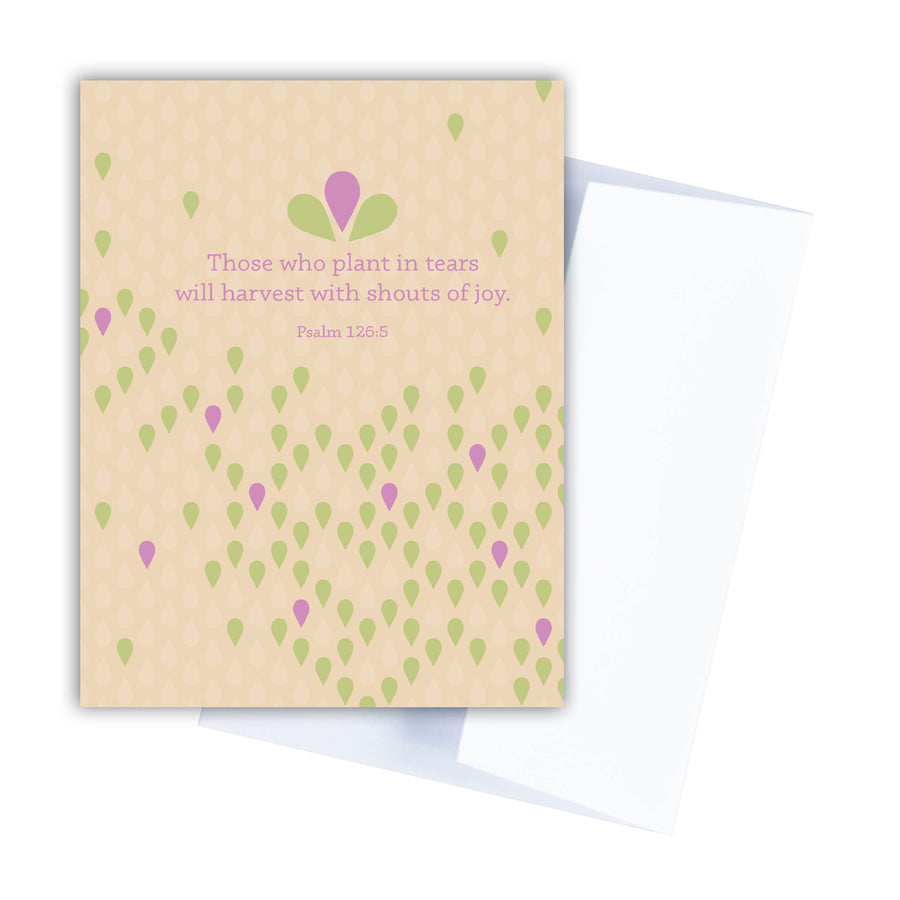 Cream Christian sympathy card with the verse Those who plant in tears will harvest with shouts of joy. Psalm 126:5 
