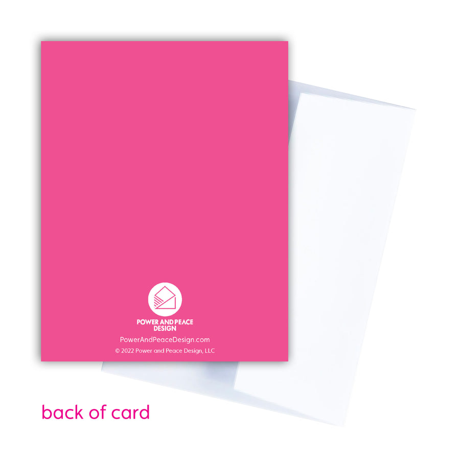 Back of pink Christian birthday card with Power and Peace Design logo.