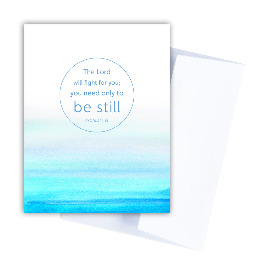Blue Christian sympathy card with Exodus 14:14 The Lord will fight for you; you need only to be still.