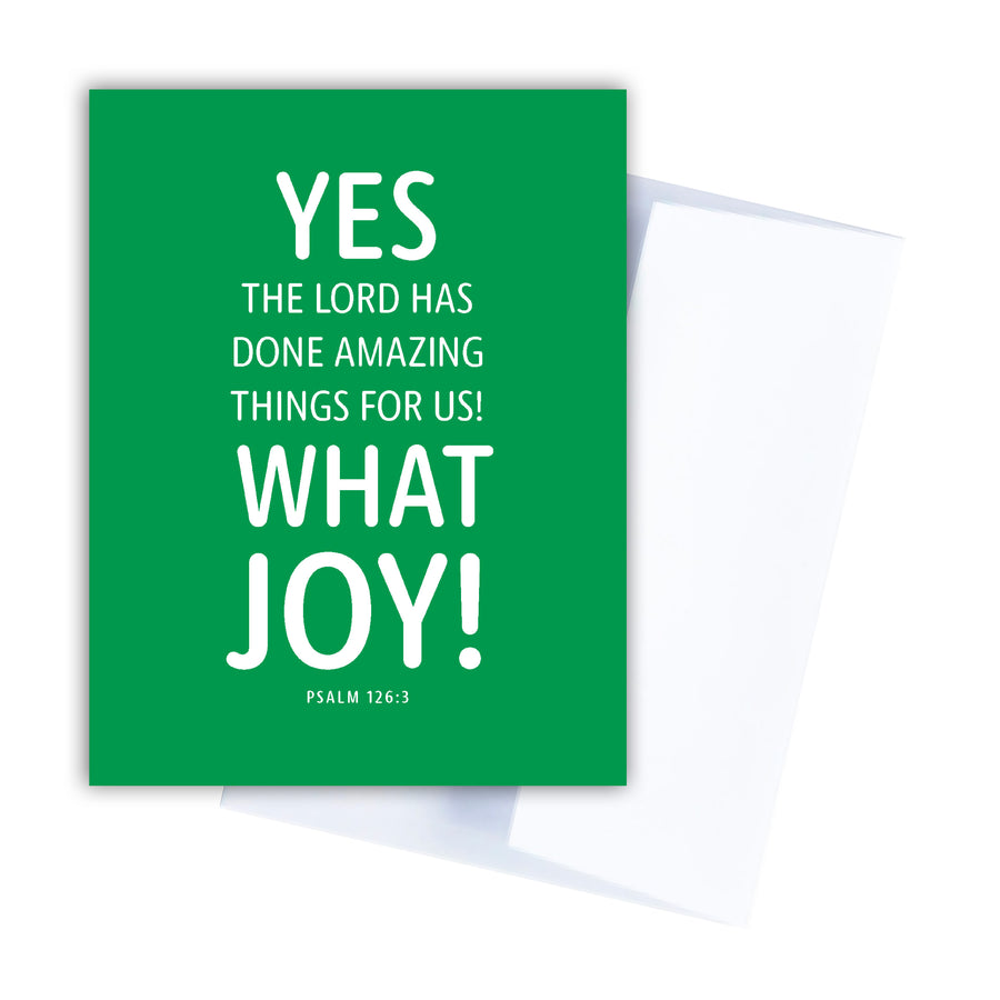 Kelly green congratulations greeting card with Scripture. Text reads Yes, the Lord has done amazing things for us! What joy! Psalm 126:3.