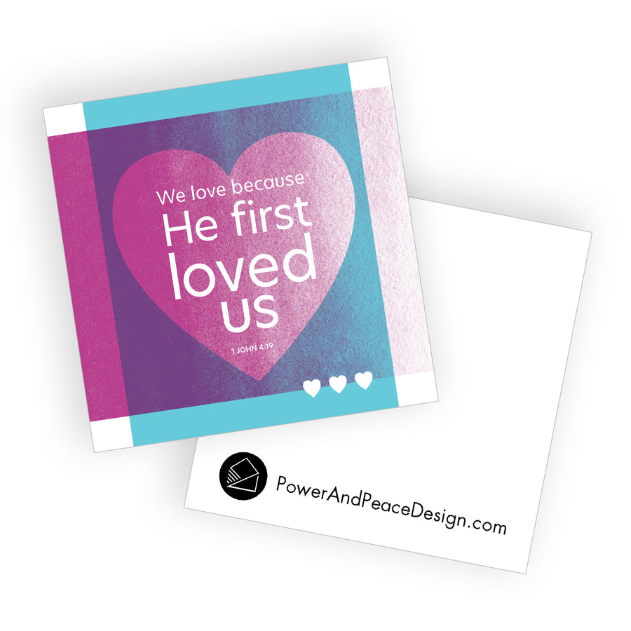 Sky blue and warm purple Christian valentine card with 1 John 4:19 We love because He first loved us.